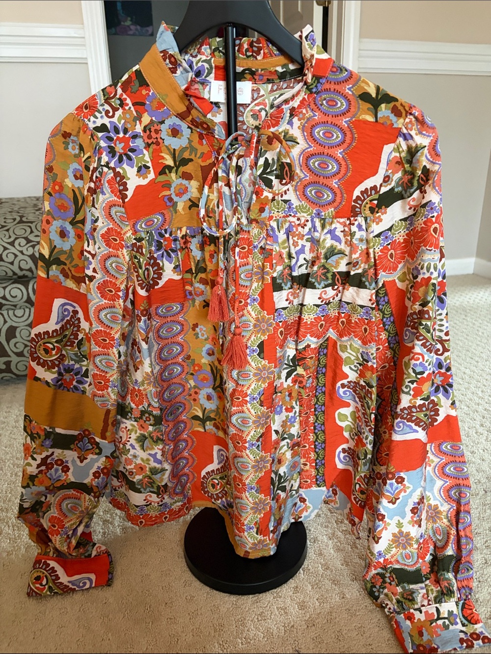 Fate Multicolor Floral Patchwork Tassel Tie Blouse